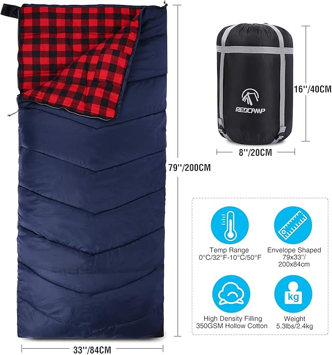 REDCAMP Cotton Flannel Sleeping Bag for Camping Backpacking, Adults Cold Weather Envelope Sleeping Bags with 2/3/4lbs Filling