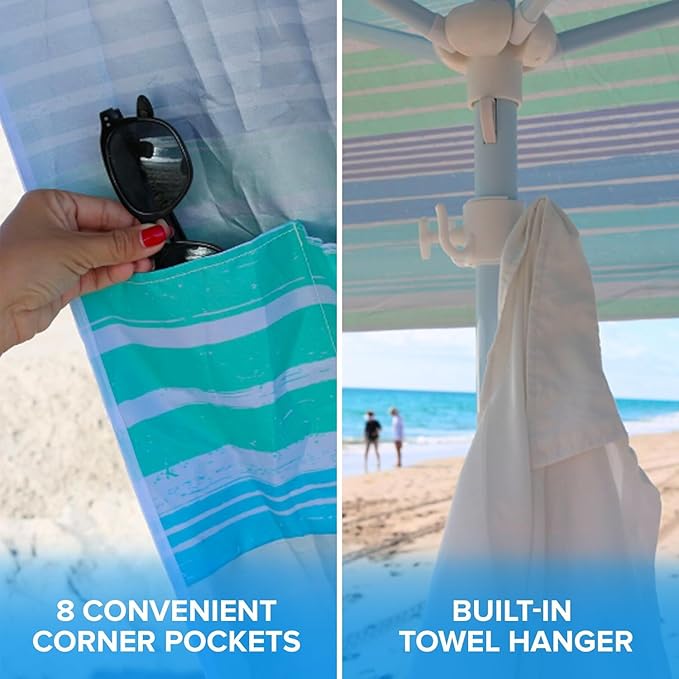 6x6 Easy Up Cabana – Sun Shelter with Privacy Wall, Canopy with Umbrella Table Tray, Towel Hanger & Sand Anchor (Flowers)