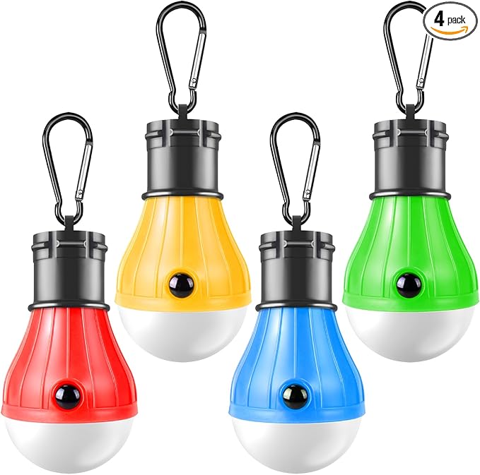 PEMOTech Camping Lantern 4 Pack, 4 Lighting Modes LED Camping Lights Bulbs with Clip Hooks, Waterproof Portable Battery Operated Emergency Tent Lights for Outdoor Camping Hiking Fishing Hunting