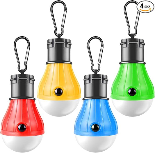PEMOTech Camping Lantern 4 Pack, 4 Lighting Modes LED Camping Lights Bulbs with Clip Hooks, Waterproof Portable Battery Operated Emergency Tent Lights for Outdoor Camping Hiking Fishing Hunting