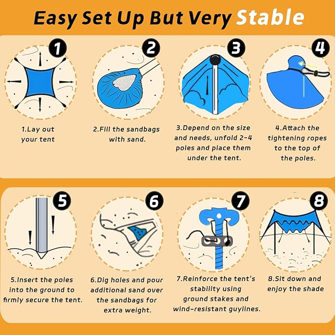 Beach Shade Tent,Beach Sunshade Canopy UPF 50+UV Protection,10x10 Ft Beach Shelter with 4 Sandbags and Thick Stability Poles,Sand Shovel,Ground Pegs,Carry Bag,Camping,Backyard Fun,Outdoor Canopy Tent