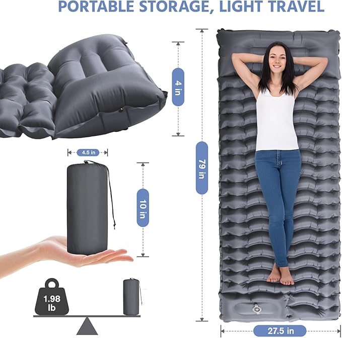 Sleeping Pad for Camping -Ultralight Inflatable Sleeping Mat with Pillow, Built-in Foot Pump, Compact & Lightweight Camping Mattress Pad for Camp, Backpacking, Hiking, Travel Tent (Grey)