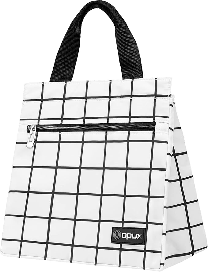 opux Lunch Bag for Women, Insulated Lunch Box Tote for Girls Kids Adult School Work, Reusable Womens Lunch Tote for Office Travel, Cute Small Lunch Tote, Fits 12 Cans - Checker Plaid White