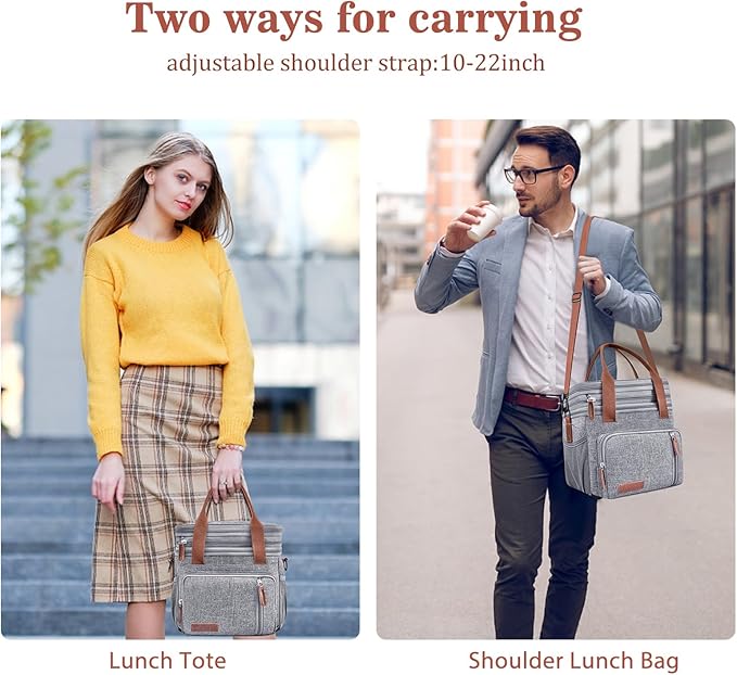 LOKASS Lunch Box for Women, 16L, Double Deck Expandable Insulated Lunch box For Adults/Women Thermal Large Waterproof Leakproof Cooler Bag with Shoulder Strap - Grey