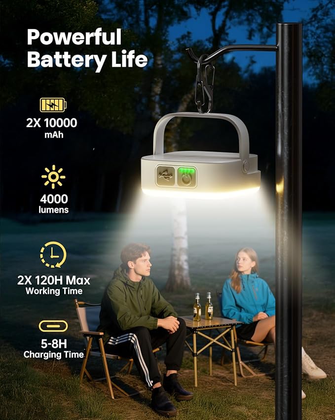 Eventek 2Packs LED Camping Lantern 4000LM, 10000mAh Rechargeable Camping Lights Up to 144 Hours & 4 Light Modes, Portable IP65 Waterproof Magnetic Camping Essentials for Tent, Power Outages Emergency