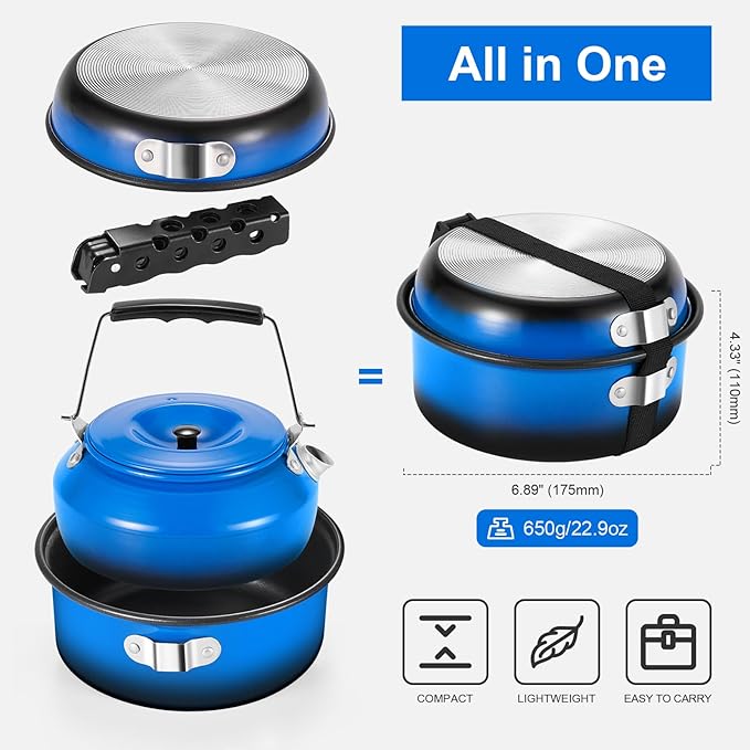 Odoland 5pcs Camping Cookware Non-Stick Camping Pot and Pan Set with Kettle and Removable Handle for Hiking Backpacking and Picnic