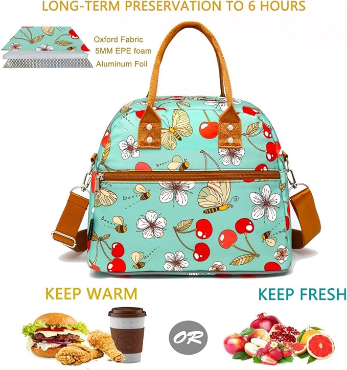 FlowFly Insulated Lunch Bag With Shoulder Strap for Women, Men, and Kids, Large and Reusable, Handle, Freezable Work and School Travel Tote and Meal Prep Organizer,Turquoise Cherry