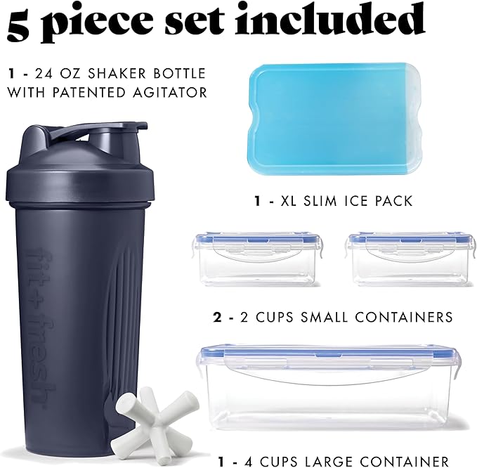 Fit & Fresh BREE Meal Prep Lunch Box With Containers, Ice Pack, and Shaker Bottle For Men and Women, 6pc. Meal Prep Kit Lunch Bag With Containers Included, Navy