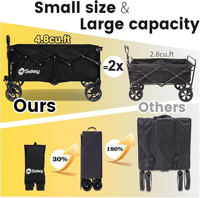 Sekey 330lbs Collapsible Foldable Wagon with Large Capacity, Heavy Duty Folding Utility Garden Cart with Big All-Terrain Beach Wheels & Drink Holders. Black