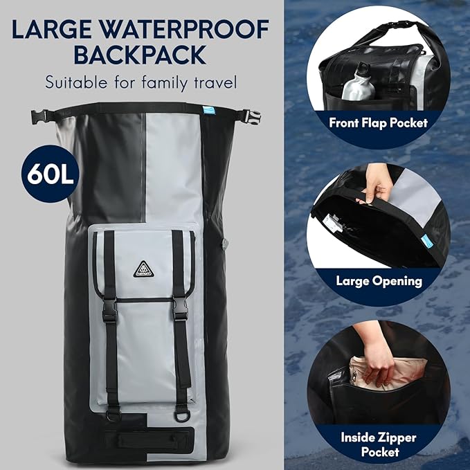 Haimont 100% Waterproof Roll-Top Backpack Heavy Duty Large Capacity IPX7 Dry Bag for Kayaking Rafting SUP Camping, 60/100L