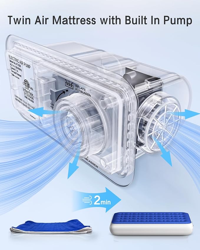 Twin Air Mattress with Built in Pump Luxurious Comfort Raised Inflatable Mattress Twin Airbed Blow Up Mattress for Home and Guests 75"*39"*13" Air Bed 2 Minutes Fast Inflate/Deflate 330 lbs Max