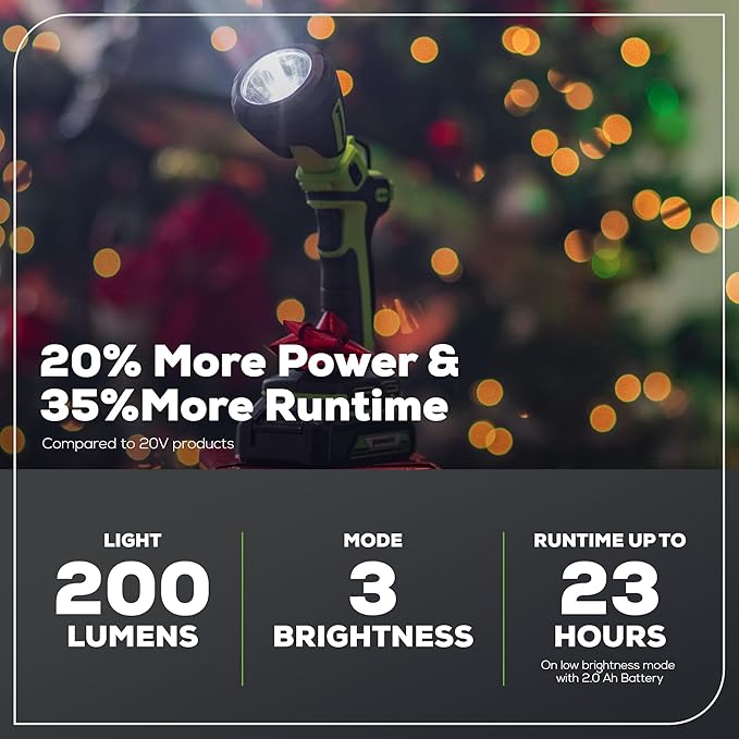 Greenworks 24V Cordless LED Flash Light, 200 lumes Handheld Work Light, Pivoting Head, 3 Lighting Modes, Hanging Hook, with 2Ah Battery and Charger