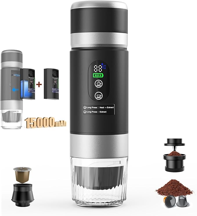 Portable Coffee Machine with 2 Removable rechargeable Batteries 15,000mAh, Electric Coffee Maker for Camping & Travel, 80ml Hot/Cold Coffee, 20bar, USB-C Espresso Machine, Camping Coffee Makers Black