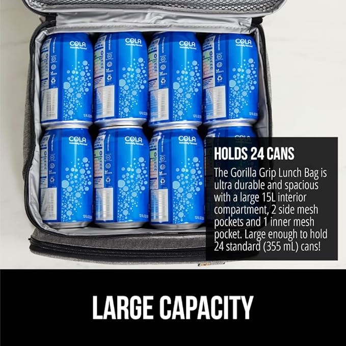 GORILLA GRIP Reusable Insulated Lunch Box Bag for Women Men,15L, Leakproof XL Soft Cooler Bags, Multiple Compartments, Mesh Pockets and Adjustable Strap, Food Tote Keeps Drinks Cold, 13x9, Light Gray