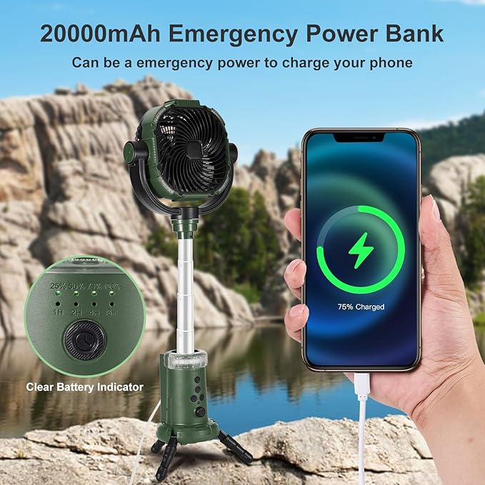 Odoland Camping Fan with Lantern, 360° Oscillation 20000mAh Table Fan with Remote & Hook, Rechargeable Battery Operated Outdoor Power Fan with Light for Camp, Family Travel and Jobsite, Green