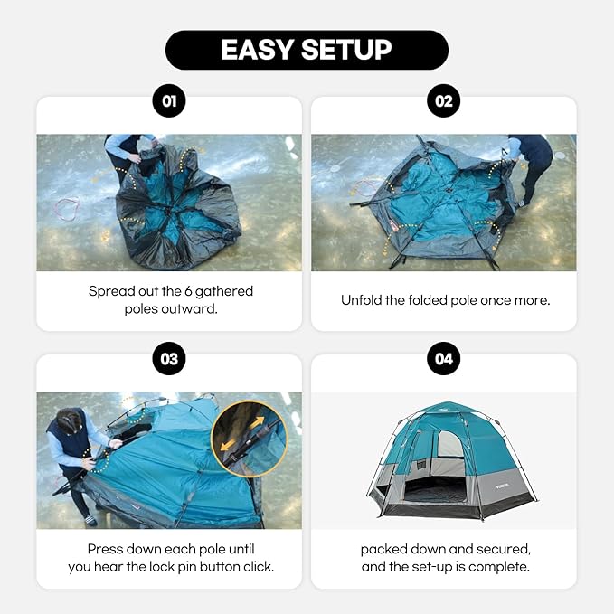 Pop Up Tents for Camping, Waterproof 4 Person Instant Tents Camping with Removable Rainfly, 2 Door 4 Mesh Windows Easy Setup Camping Tent, Included Moisture-Proof Mat