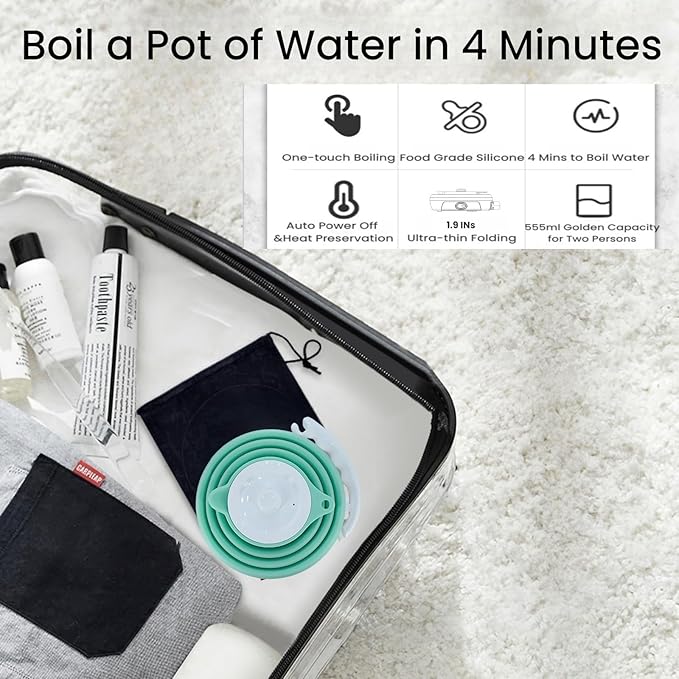 Travel Kettle, Portable Electric Kettle, Collapsible Tea Kettle Travel, Hot Water Boiler Electric, Food Grade Silicone, Auto Shut off and Keep Warm, 110V 555ml Green