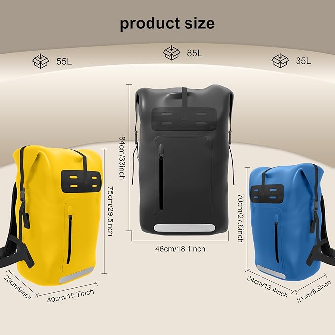 Waterproof Backpack，Heavy Duty Hiking Backpack，35/55/85L dry bag backpack waterproof for Men，Roll-Top Closure，for Kayaking, Travel, Hiking, Fishing, Camping, Motorcycles (yellow, 85L)