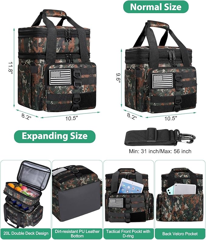 Tactical Lunch Box for Men, Large Insulated Lunch Bag Adult, Heavy Duty Double Deck Expandable Lunch Cooler Bag Leakproof Waterproof Lunch Tote for Work Office Camping Travel-Camo Green