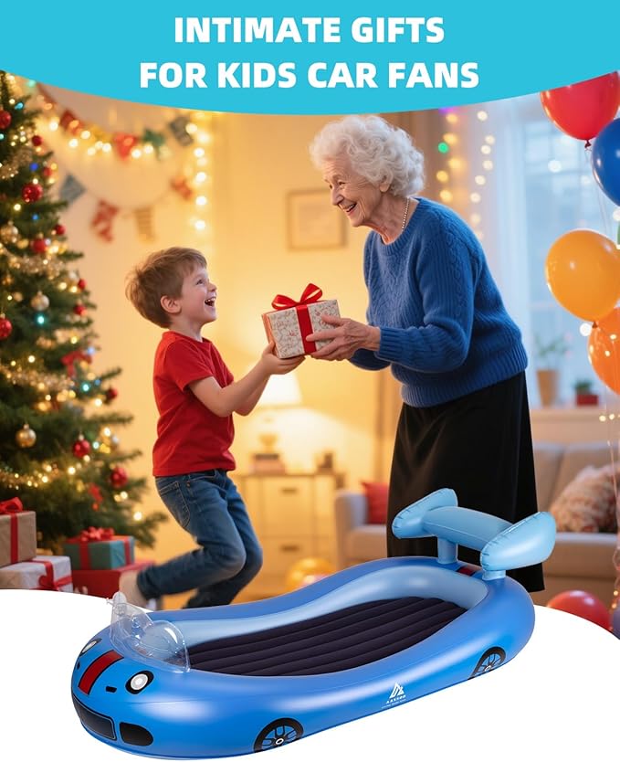 Inflatable Kids Travel Bed with Avocado Hugging Pillow, Lightweight Portable Raised Sides Racecar Toddler Air Mattress, Kids Blow Up Mattress for Home, Hotel, Camping Use, 300 lbs Max
