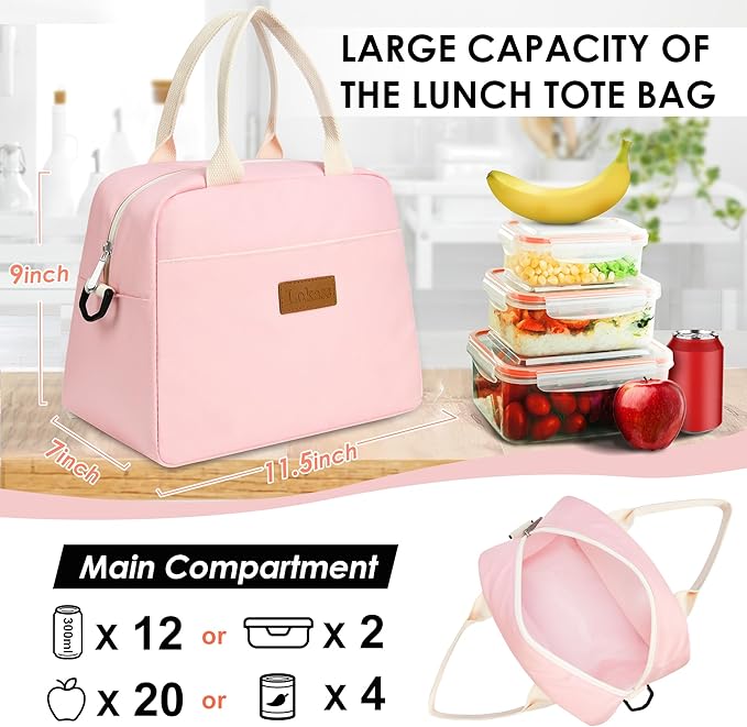 LOKASS Lunch Bag for Women-Insulated Adults Lunch Box with Front Pocket- Small Cute Lunch Tote for Work-Reusable Cooler Bag for Office Picnic Beach or Travel（pink）