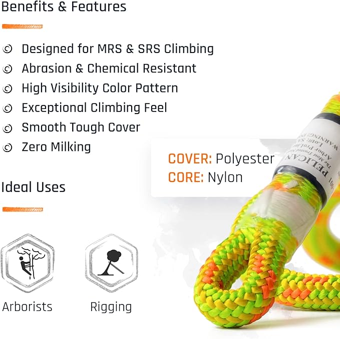 Pelican Rope Arborist Rope 11.8mm x 150Ft High-Strength 24-Strands Static Climbing Rope | 5,400 lb Strength for Tree Climbing, Pulling, Outdoors & Swing | Made in USA - Viper, Tight Spliced Eye
