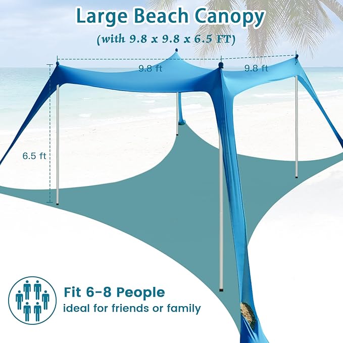 Beach Tent Sun Shelter - 10 x 10 Ft Beach Canopy UPF50+ UV Protection with Sandbags, Poles, Grond Pegs and Anti-Wind Ropes for Camping, Backyard, Picnics and Fishing