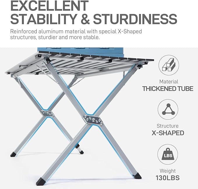 EVER ADVANCED Folding Camping Table, Aluminium Roll Up Table for Different Terrains, Collapsible Table for 4-6 People, Fold Up Lightweight with Carry Bag for Picnic Garden BBQ, Silver, 130LBS