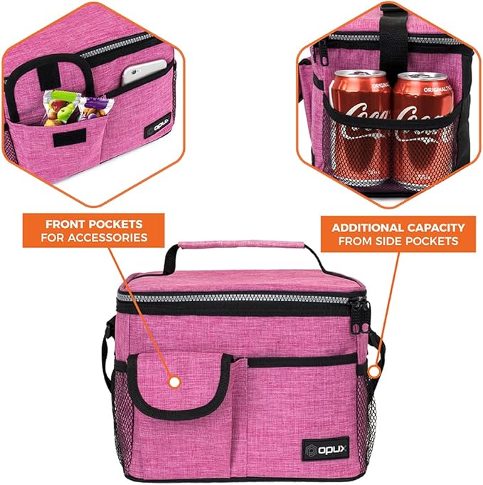 opux Insulated Lunch Bag for Men Women, Leakproof Heather Pink Lunch Box for Work, Portable Soft Lunch Cooler Bag with Shoulder Strap, Adult Lunchbox Lunch Pail for Kid Boy Girl School, 14 Can/8L