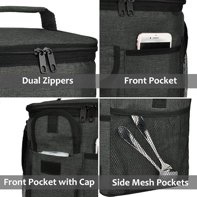 Tirrinia Large Insulated Lunch Bag for Women Men, 10L Leakproof Thermal Reusable Lunch Box for Adult, Tall Meal Prep Lunch Cooler Tote with 4 Pockets for Office Work, Charcoal