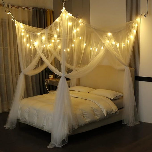 Mengersi Bed Canopy with Lights for Full Queen King Size Bed,4 Corner Post Bed Drapes Canopy for Bed,Canopy Bed Curtains Elegant Bedroom Decoration Accessories(White+Lights)