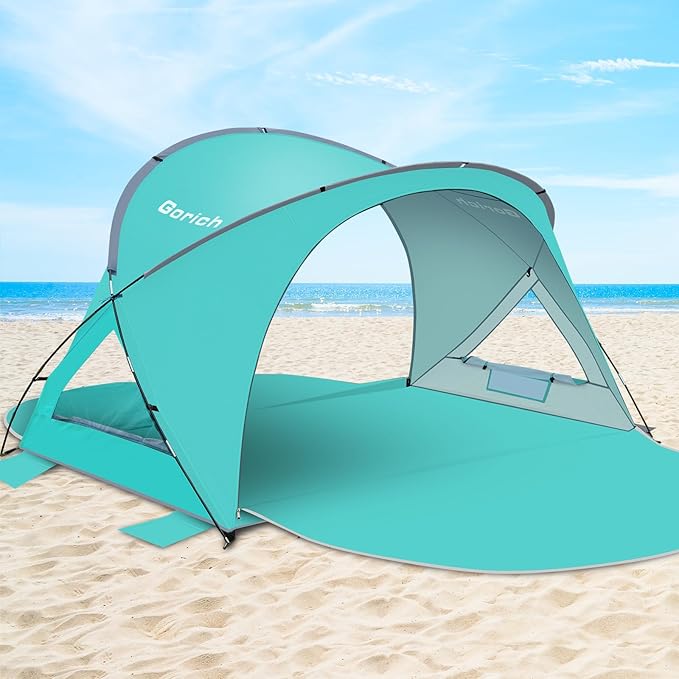 Gorich Beach Tent Sun Shelter with UPF50+ UV Protection for 3-6 Person, Lightweight & Portable Beach Shade Canopy with 2 Zippered Doors, Easy Setup Family Beach Umbrella