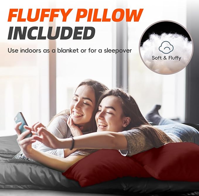 MEREZA Double Sleeping Bag, 2 Person Sleeping Bag for Adult Mens Camping, Two Person Sleeping Bag with Pillow Outdoor Indoor, XL Queen Size Sleeping Bag for Cold Warm Weather