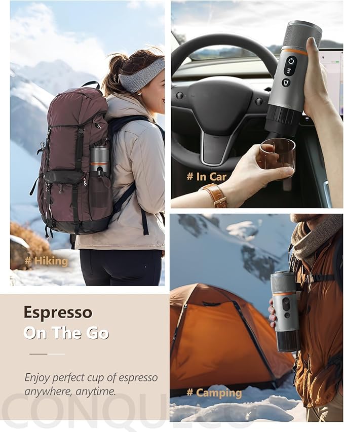 CONQUECO Portable Espresso Machine Travel: 12v Car Coffee Maker with Battery for Camping - Small Electric - 2.5 Mins Heating - Set With Ground Coffee & NS Capsule & Handbag for RV, Hiking, Office