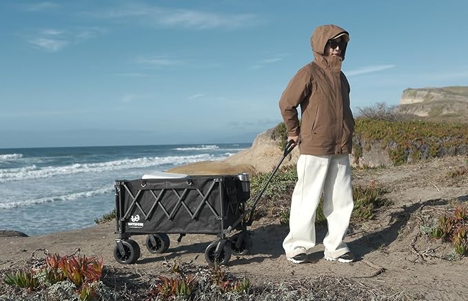 Whitsunday Collapsible Folding Wagon Heavy Duty Utility Beach Wagons with Opened Tailgate and All-Terrain Wheels for Camping,Garden,Sports Black