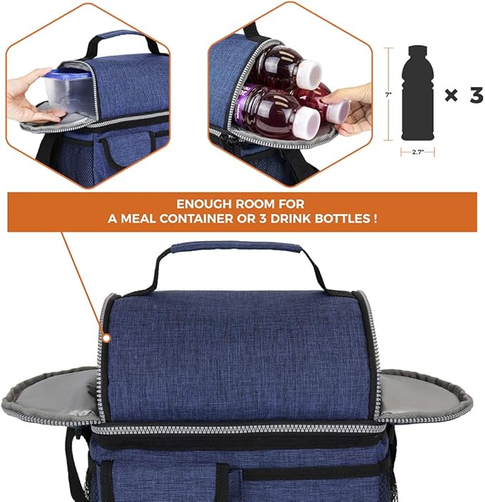 OPUX Lunch Box for Men, Adult Lunch Box Cooler, Insulated Lunch Bag Women, Dual Compartment Lunchbox for Work, Leakproof Double Decker Lunch Bag, Soft Lunch Pail Tote Boys Girls Kids School, Navy Blue