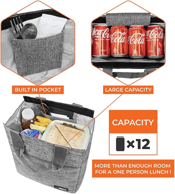 opux Lunch Bag for Women, Insulated Lunch Box Tote for Girls Kids Adult School Work, Reusable Womens Lunch Tote for Office Travel, Cute Small Lunch Tote, Fits 12 Cans - Heather Gray