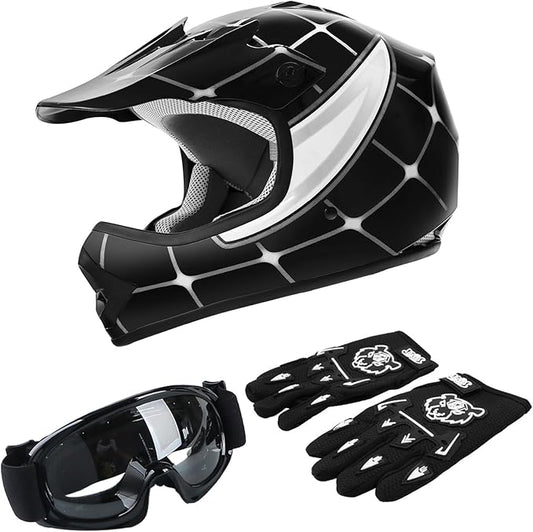 TCT-MOTORPARTS DOT Youth Kids Motocross ATV Helmets Offroad Street Dirt Bike Go-Kart BMX MX Full Face Helmet Black Spider X-Large Size