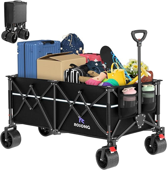 Large Beach Collapsible Wagon Cart with Wheels - Foldable Wagons 260L Heavy Duty 500lbs, Wagon with Big Wheels for Sand Folding Utility Wagons Carts for Sports Shopping Camping