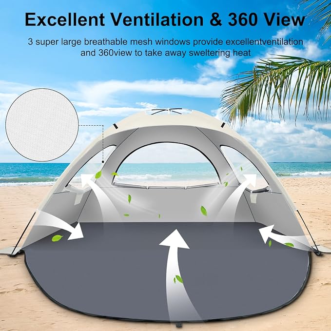 Beach Tent Sun Shelter for 3-4Person, Lightweight Beach Tent with UV Protection, 3 Mesh Roll Up Windows & 8.0mm Fiberglass, Easy Assemble
