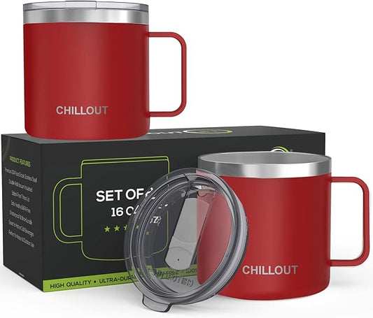 CHILLOUT LIFE Stainless Steel 16 oz Vacuum Insulated Coffee Mug with Handle and Lid, Large Thermal Camping Coffee Mugs with Sliding Lid for Men & Women, Keeps your Beverages Hot/Cold, 2 Pack