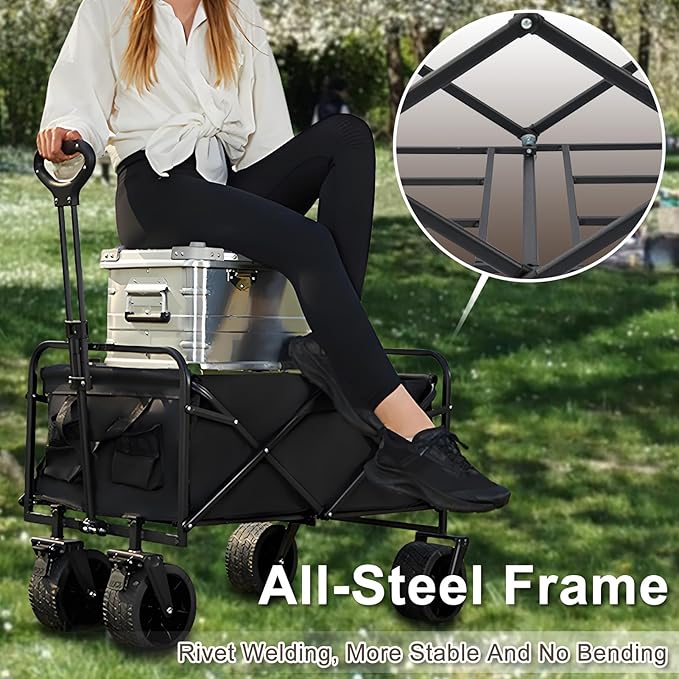 300L Collapsible Wagon with Wheels,500lbs Extra Long Fold Up Wagons Carts,Folding Wagon Cart with Adjustable Handle,with Side Pocket and Brakes for Grocery Shopping Camping Outdoor Sports Beach Garden