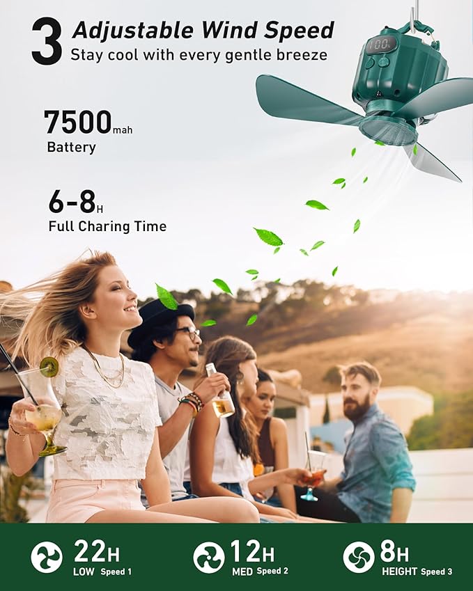 DUKUSEEK Portable Ceiling Fans with Remote Control, Power Bank, USB Battery Operated Camping Fan with Hanging Hook for Canopy Tents, Emergency Survival