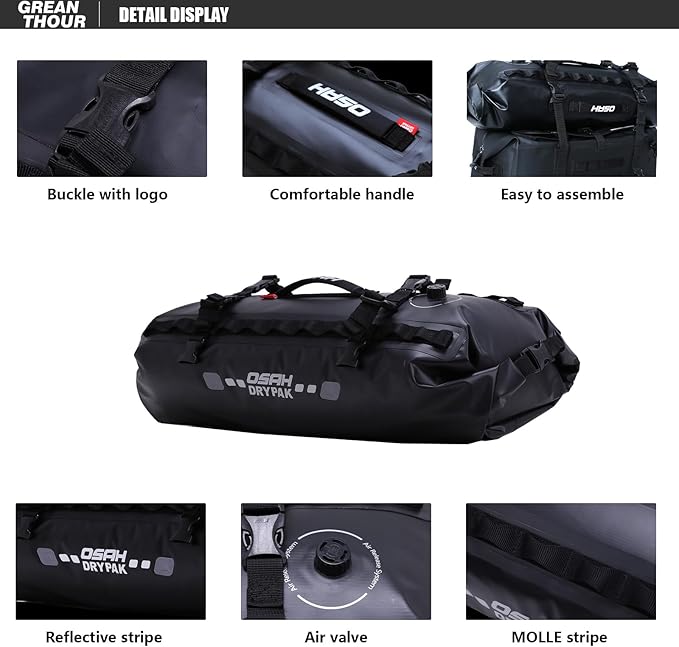 Waterproof Duffle & Tail Bag Saddle Bags, 20L Large Storage Space, for Motorcycle Back Seat, Dry Bag - Black
