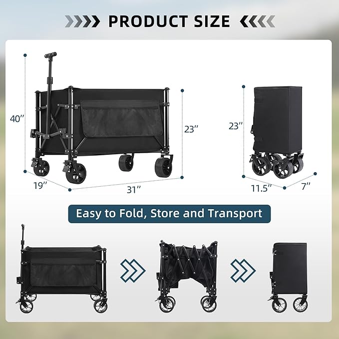 Favoyard Collapsible Wagon Carts Foldable 150L & 360LBS Portable Folding Wagons with All-Terrain Wheels & Brakes Heavy Duty Outdoor Utility Cart for Beach Grocery Camping Shopping Sports Garden, Black