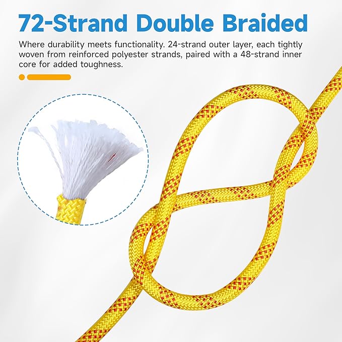 Rigging Rope 1/2 in x 150 Ft Double Braided Polyester Rope Polyester Braided Arborist 48 Strands for Various Outdoor Applications Construction Climbing Swing Sailing (Yellow, 1/2X200FT)
