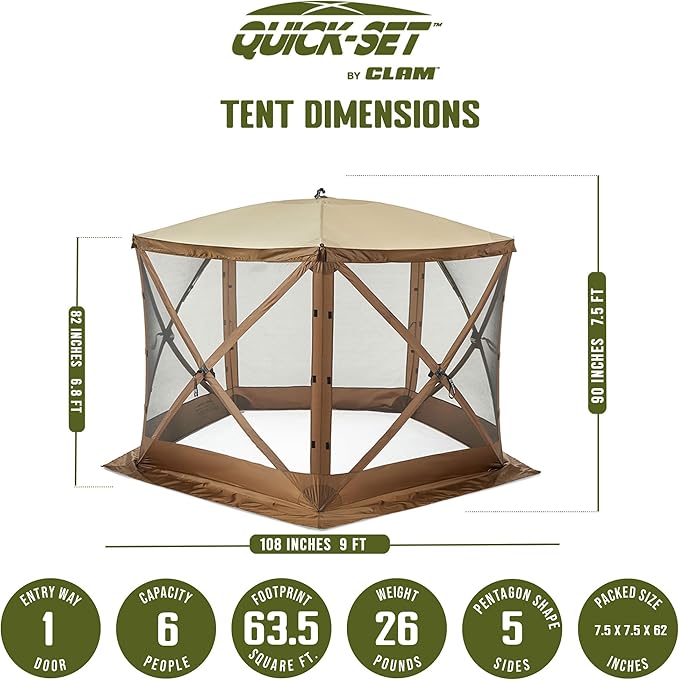 CLAM Quick Set Venture 9 x 9 Foot Portable Outdoor Camping Canopy Shelter, Brown Quick Set Screen Hub Tent Wind & Sun Panels, Brown (2 Pack)
