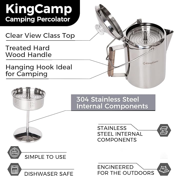 KingCamp Percolator Coffee Pot Campfire Coffee Boiler Kettle 304 Stainless Steel with Wood Handle for Outdoor Camping Cookware, Cabin, RV, Kitchen, Hunting & Backpacking, NO Aluminum or Plastic 9 Cup