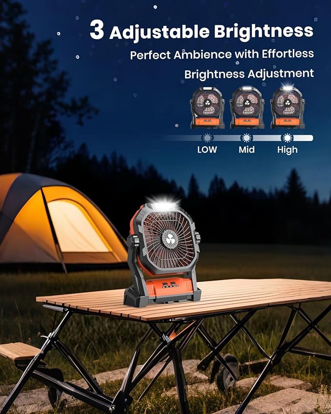 Camping Fan 27000mAh with LED Lantern - Cordless Portable Fan 8 inch USB C Battery Operated Rechargeable Powered Ventilador with Hanging Hook - 250° Rotating 4 Speed Personal Fans for Travel Camping
