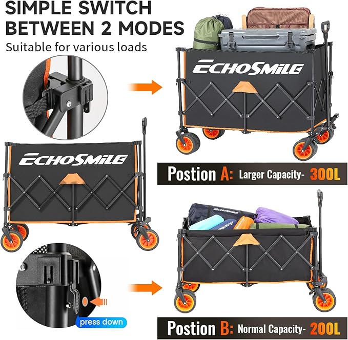 EchoSmile Collapsible Foldable Extended Height Wagon with 500lbs Weight Capacity,Folding Utility Garden Cart with Big All-Terrain Beach Wheels,for Camping, Garden,Sports,Beach,Shopping,Black & Orange